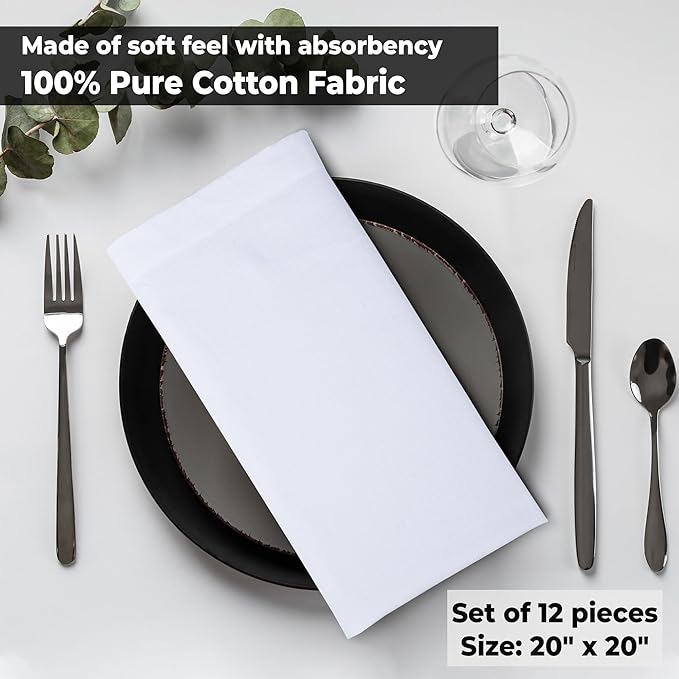 Urban Villa White Cloth Napkins Set of 12 100% Cotton Dinner Napkins Cloths - Image 8
