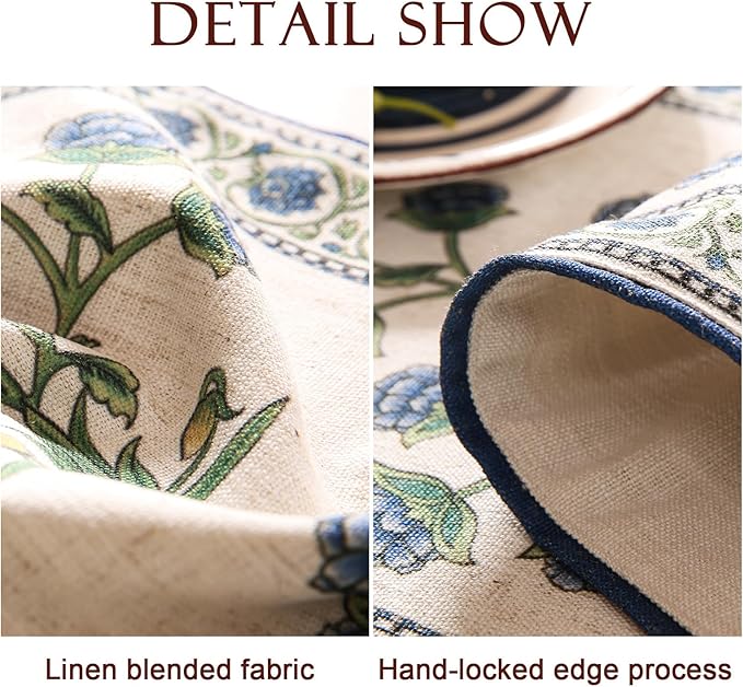 patdrea Designer Blue Rustic Elegant Floral Patterned Linen Table Runner 102 - Image 5