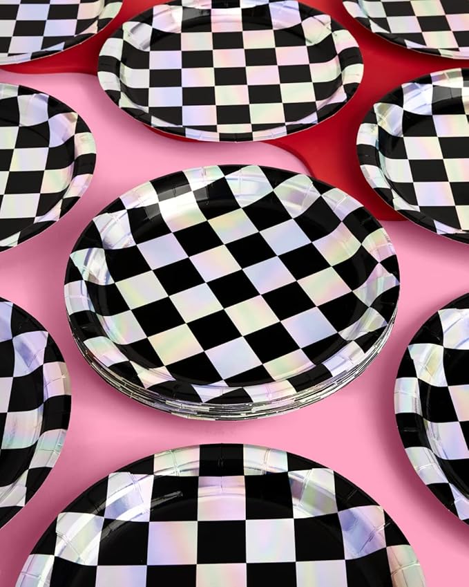 xo, Fetti Black and Iridescent Checker Paper Plates - Image 4