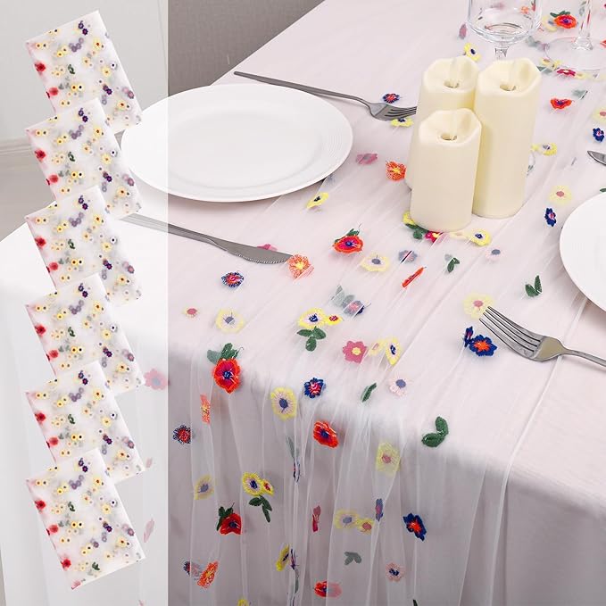 6PCS Lvory Floral Table Runner 10 FT, Embroidery Daisy Table Runners Seasonal by Hugestar