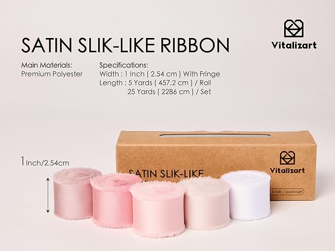 Vitalizart Silk Like Satin Ribbon 1 inch x 25 Yard Pink & Nude Handmade Frayed - Image 2