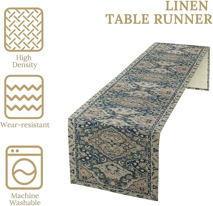 Vintage Boho Floral Table Runner, Rustic Country Farmhouse Blue Grey Retro - Image 5