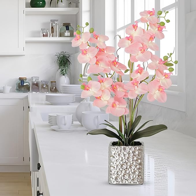 Orchid Artificial Flowers with Sliver Vase Large Silk Faux Phalaenopsis Flowers - Image 4