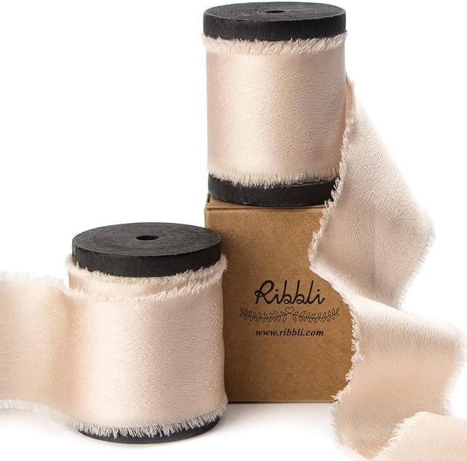 Ribbli Light Champagne Silk Satin Ribbon 1.5 Inch x 12 Yard Handmade Frayed by Ribbli