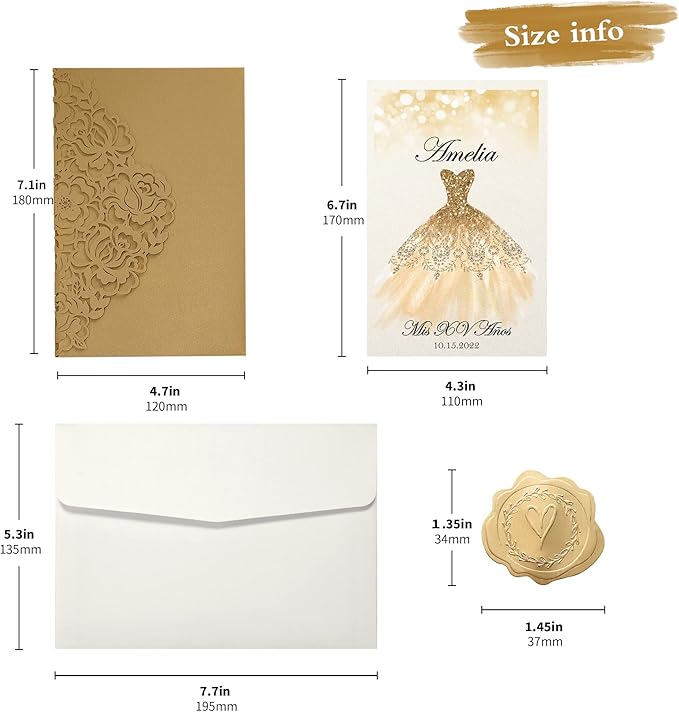 DORIS HOME 50pcs Laser Cut Quinceanera Invitations Gold, 4.7x7.1 Personalized - Image 3