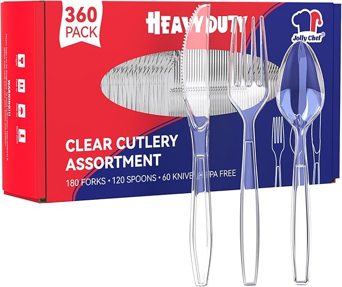 JOLLY CHEF 360 Count Heavy Duty Clear Plastic Silverware-180 Forks, 120 Spoons by JOLLYCHEF
