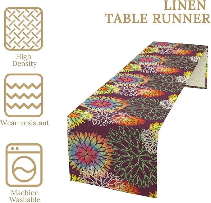 Brown Dahlia Flower Table Runner, Linen Geometric Pattern Floral Table Decor - Image 6