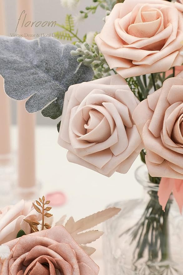 Floroom Artificial Flowers 25pcs Real Looking Warm Taupe & Nude Foam Fake Roses - Image 5