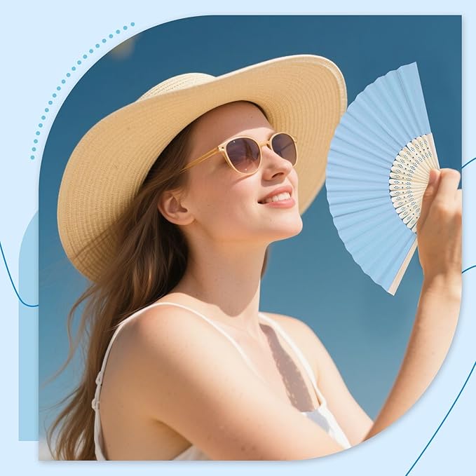 JOHOUSE 12Pcs Blue Paper Folding Hand Fans, 8.3 Inch Handheld Portable - Image 7