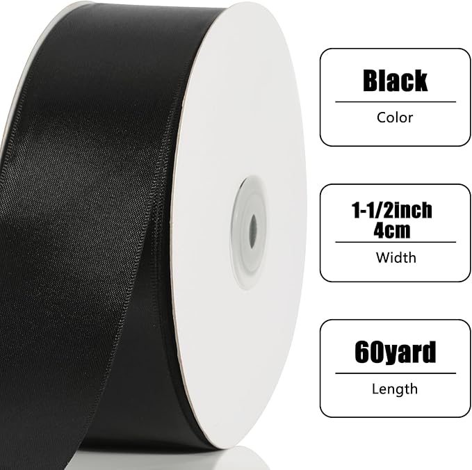 NESCCI 60 Yards Ribbon, 1-1/2 Inch Black Satin Ribbon, Single Face Satin Ribbons - Image 2