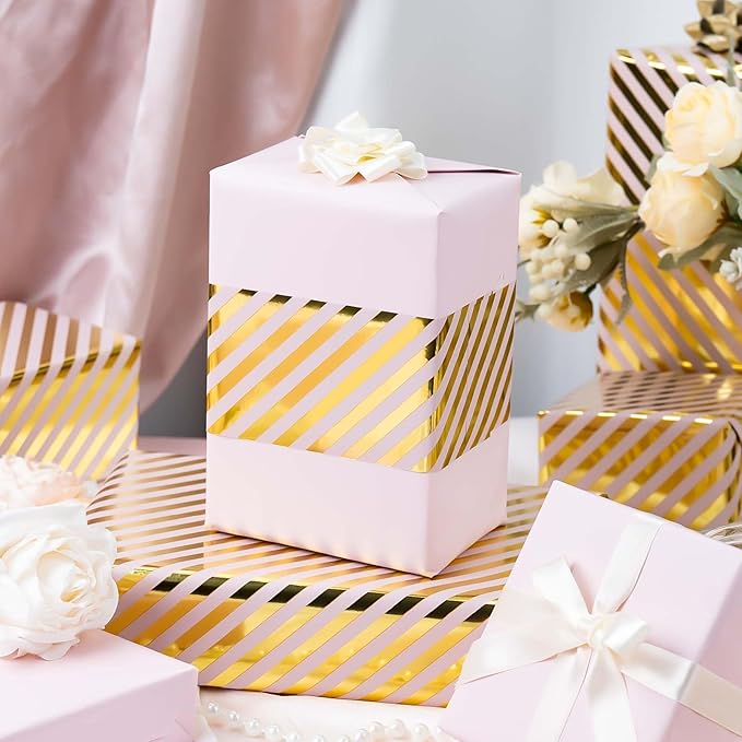 Burymento Pink and Gold Stripes Wrapping Paper, Reversible Pink Gift Wrap - Image 4