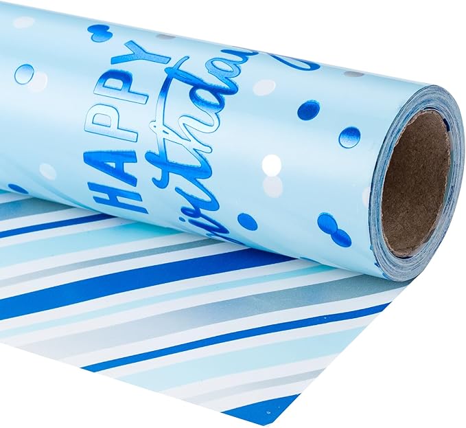 LeZakaa Reversible Blue Birthday Wrapping Paper Roll by LeZakaa