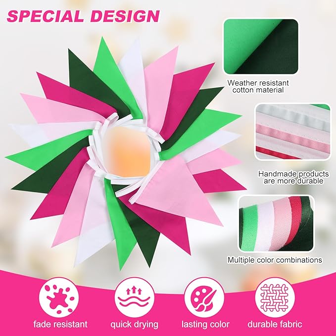 Pink White and Green Pennant Banner Garland Bunting Decorations - Image 3