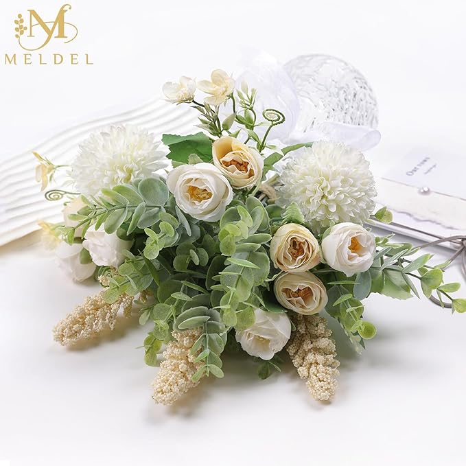 Meldel 3Pcs Rose Bouquet White&Champagne Artificial Flowers Eucalyptus Plants - Image 9
