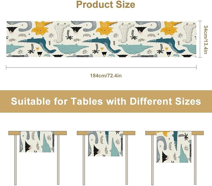 Cartoon Dinosaur Table Runner, Kids Boys Cute Various Dino Moutain Modern - Image 2