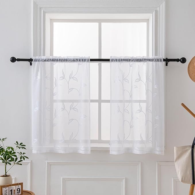 VISIONTEX White Sheer Voile Curtains, Decorative Leaves Embroidery Faux Linen by VISIONTEX