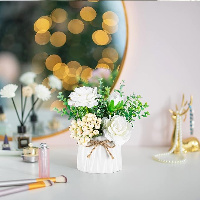 BLOSMON Table Decor Artificial Flowers Vase 7 Inch Small Fake Flower White - Image 3
