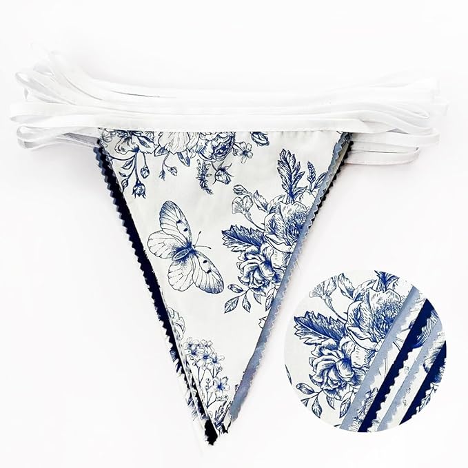 32Ft Blue Floral Party Decorations Vintage Blue White Flower Pennant Banner - Image 2