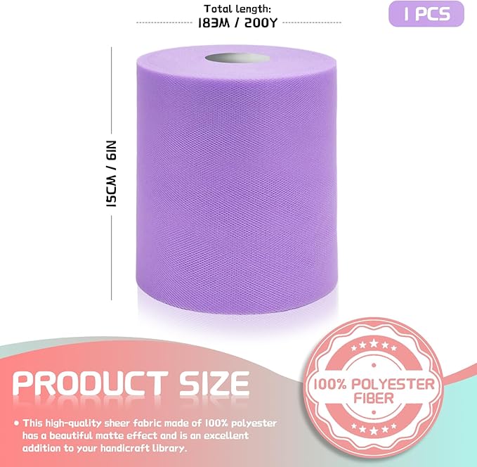 6" x 200 Yards Lavender Tulle Fabric Rolls, Light Purple Spool Tulle Ribbon - Image 2