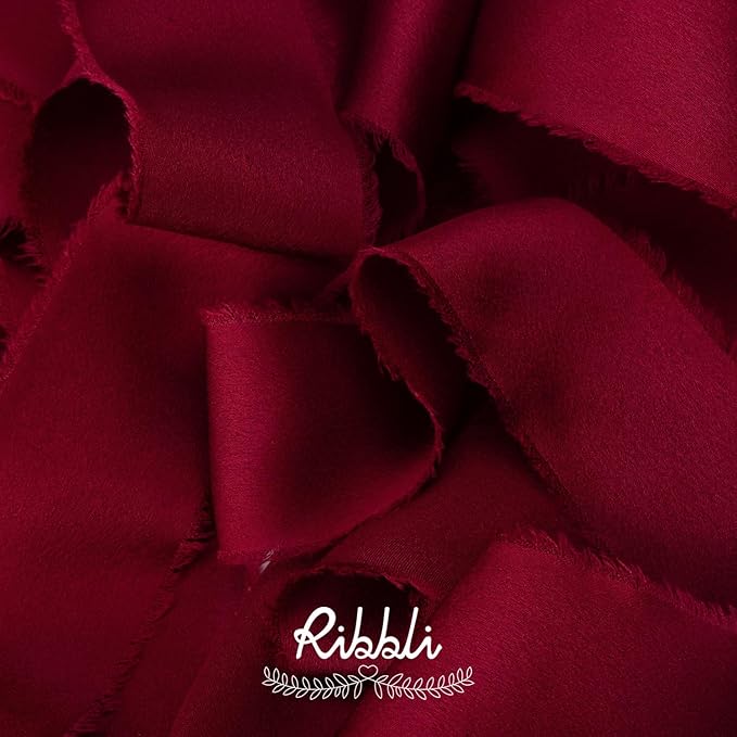 Ribbli Burgundy Silk Satin Ribbon 1.5 Inch x 12 Yard Handmade Frayed Chiffon - Image 2