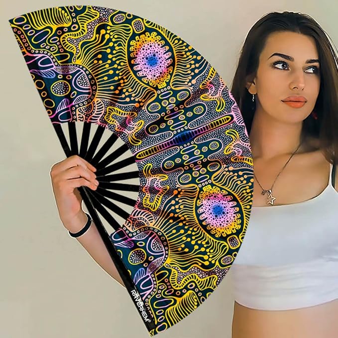 UV Glow Rave Fan, Bamboo Folding Clack Hand Fans Foldable - Image 3