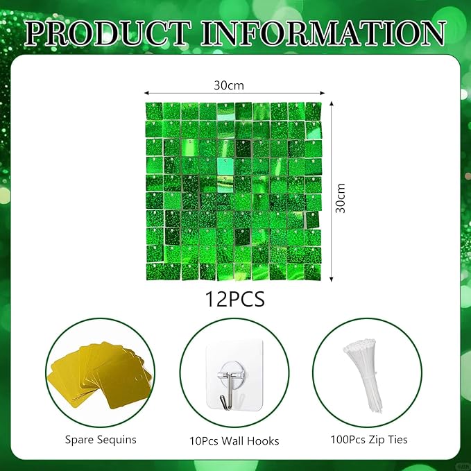 12PCS Green Shimmer Wall Backdrop, Laser Square Sequin Photo Backdrops Panel - Image 2