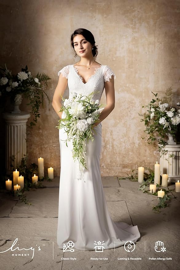 Ling's moment White Green Bridal Bouquet - Image 5
