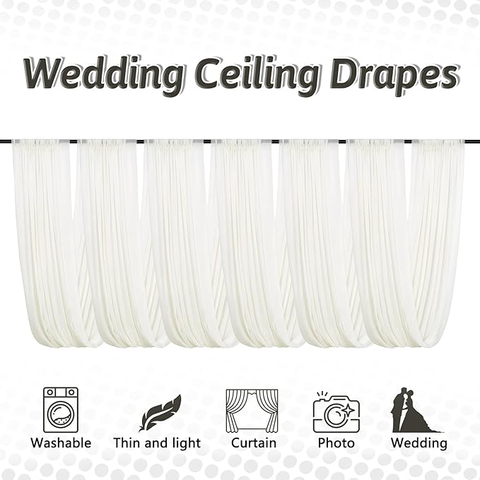 DUOBAO Ivory Ceiling Drapes Sheer Backdrop Curtains 6 Panels 5ftx20ft Reception - Image 3