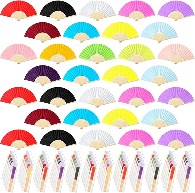 80 Pieces Paper Hand Fan and Organza Hand Fan Bags Bamboo Folded Hand Fan Paper by Yookeer