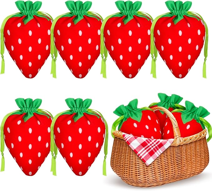 Whaline 12Pcs Strawberry Shaped Treat Bags Red Green Strawberry Drawstring Bags by Whaline
