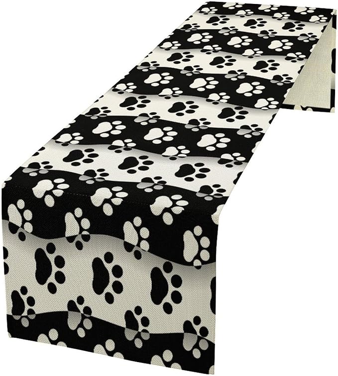 Dog Paw Table Runner, Kid Cute Animal Footprint Black White Theme Design Print by Kurtect