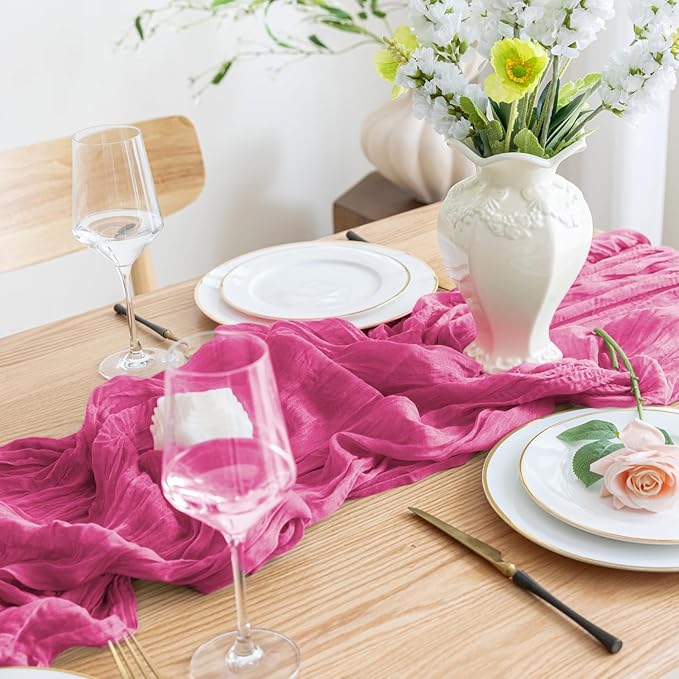 Asee'm 6pcs Cheesecloth Table Runner 120 Inches Long Deep Pink Boho Gauze - Image 5