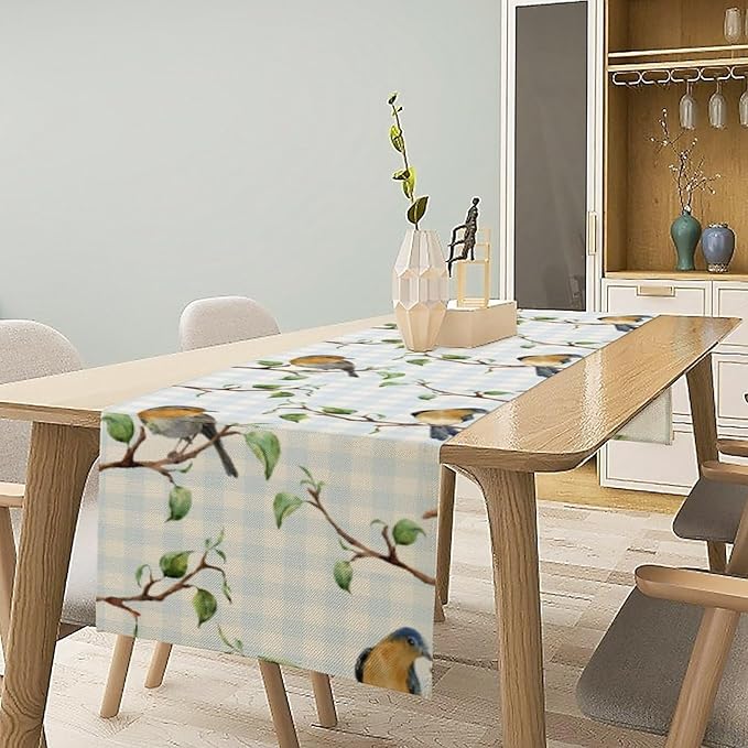 Bird Table Runner, Spring Birds Tree Blue Plaid Print Table Runner - Image 2