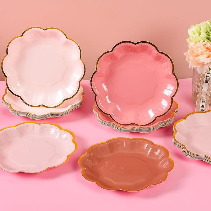 Dusty Pink Gradient Color Dessert Paper Plates 7 inch Gold Foil Scalloped Edge - Image 7