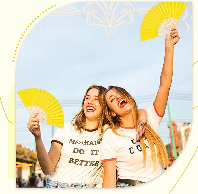 JOHOUSE 12 Pcs Paper Folding Hand Fans, 8.3 Inch Lemon Yellow Paper Fans - Image 5