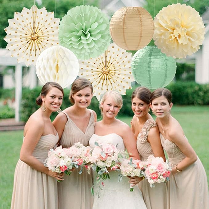 Sage-Green Beige-Champagne Party-Decorations Streamers Lanterns - Image 7