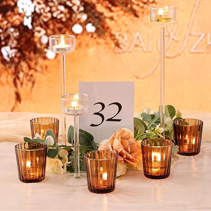 24pcs Vintage Ribbed Amber Votive Candle Holders, Fall Centerpieces - Image 5