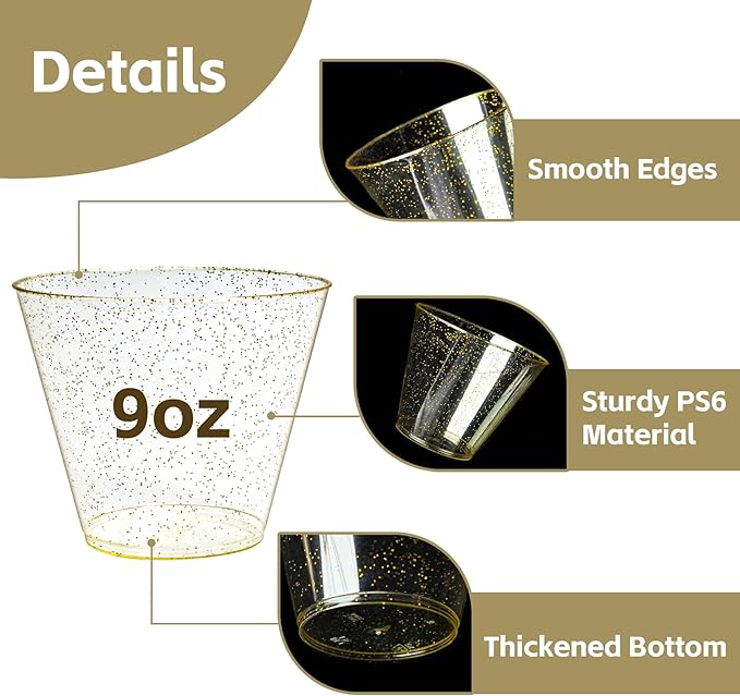 9oz Plastic Cups with Gold Glitter Sturdy & Food Safe Disposable Wine Glasses - Image 6