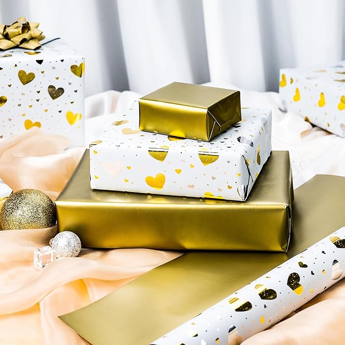 Burymento Gold Foil Heart Wrapping Paper, Reversible Gold Gift Wrap - Image 3