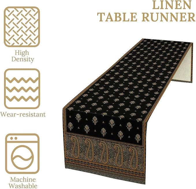 Vintage Paisley Table Runner, Boho Brown Black Flowers Leaves Print Table Runner - Image 4