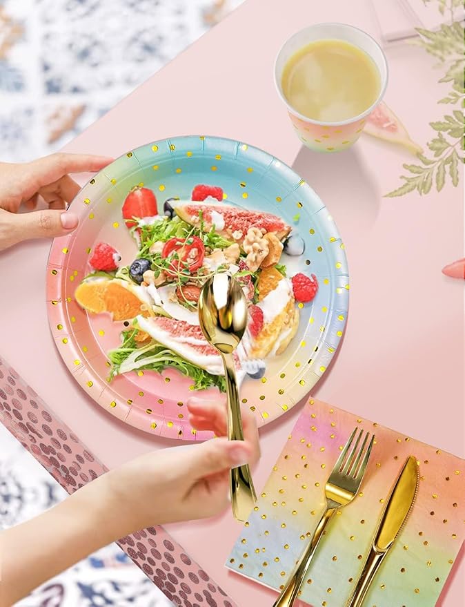141 Pieces Rainbow Gold Party Supplies, Party Dinnerware Sets Include Paper - Image 4