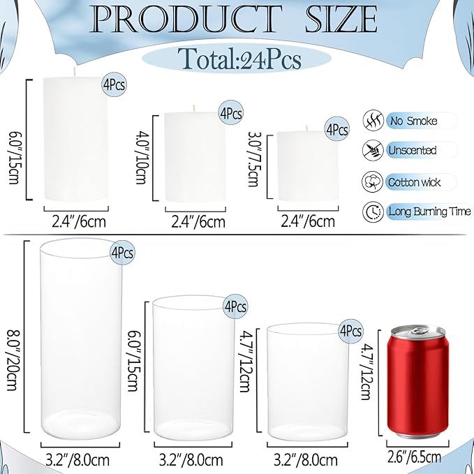 UDU 24 Pcs White Pillar Candles and Glass Cylinder Vases, Hurricane Pillar - Image 2