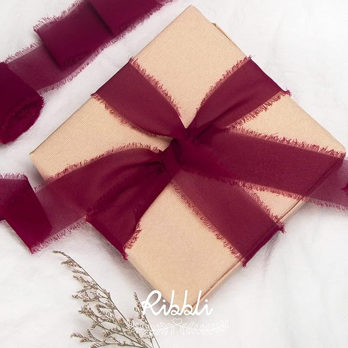 Ribbli Burgundy Chiffon Silk Ribbon, 1.5 inch x 30 Yard, Wedding Invitations - Image 3