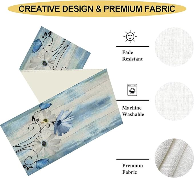 Farmhouse Floral Table Runner, Spring Seasonal Daisy Flower Retro Wooden - Image 4