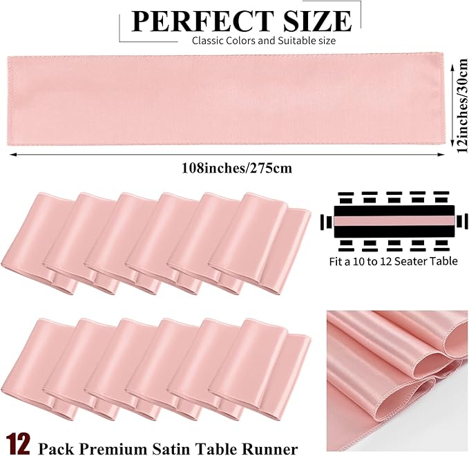 12 Pack Rose Gold Satin Table Runner, 12 x 108 inch Long Premium Smooth Table - Image 2
