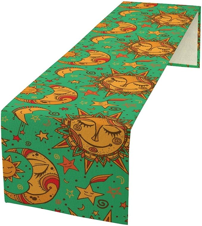Boho Moon Table Runner, Phase of The Moon Star Sun Cartoon Pattern Table Runner by ShiTingYu