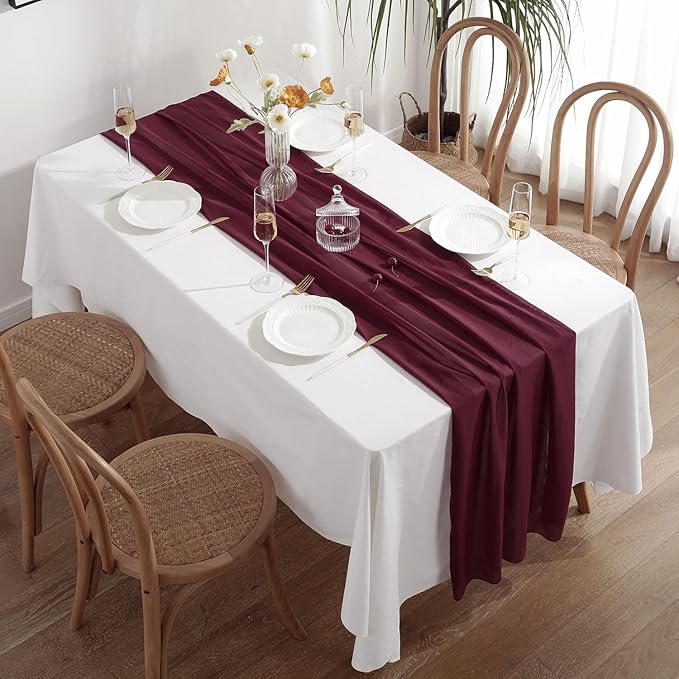 2 Pack 10 Ft Chiffon Table Runner Burgundy Gauze Long Table Runners 27x120 - Image 2