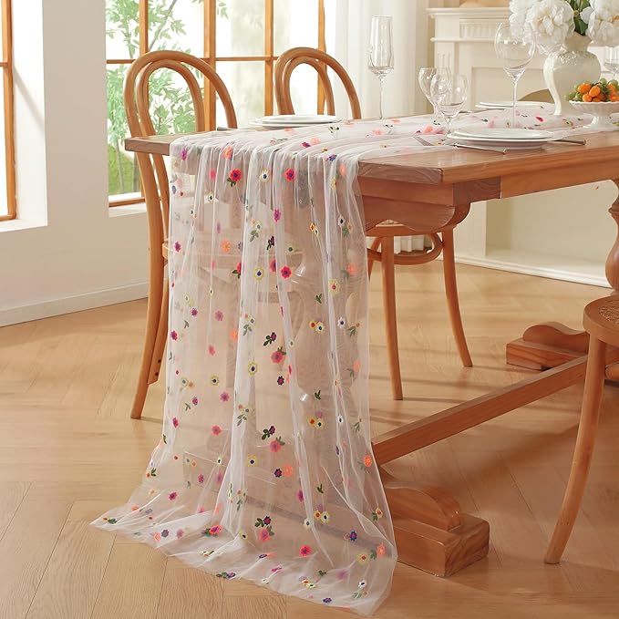 Champagne Embroidery Daisy Fall Table Runner 120Inch 10FT Florals Soft Sheer - Image 7