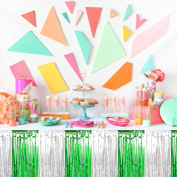 3 Pack Silver Green Foil Fringe Table Skirts Metallic Tinsel Streamers Garland - Image 4