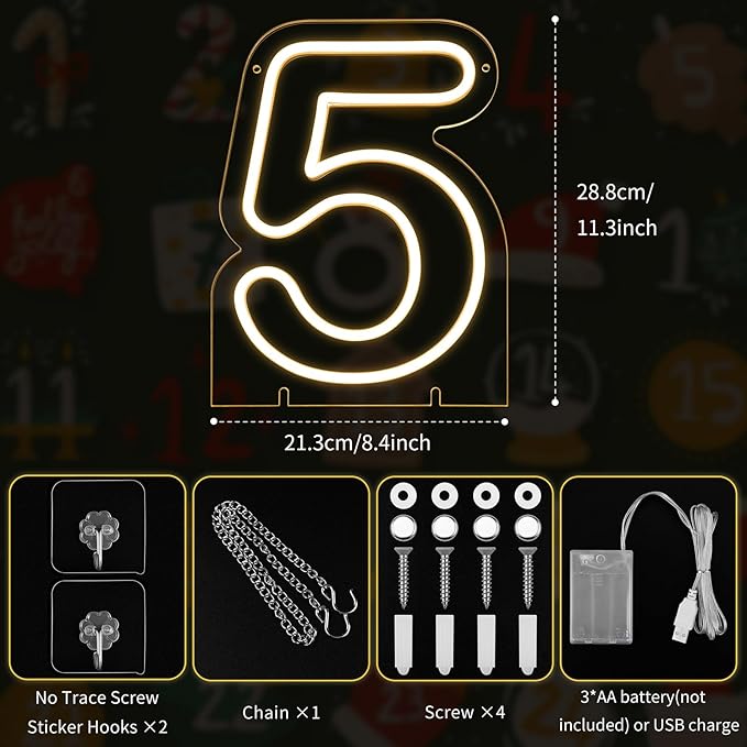 Number 5 LED Neon Sign Backdrop Birthday Party Decoration, 11.3" Height Warm - Image 3